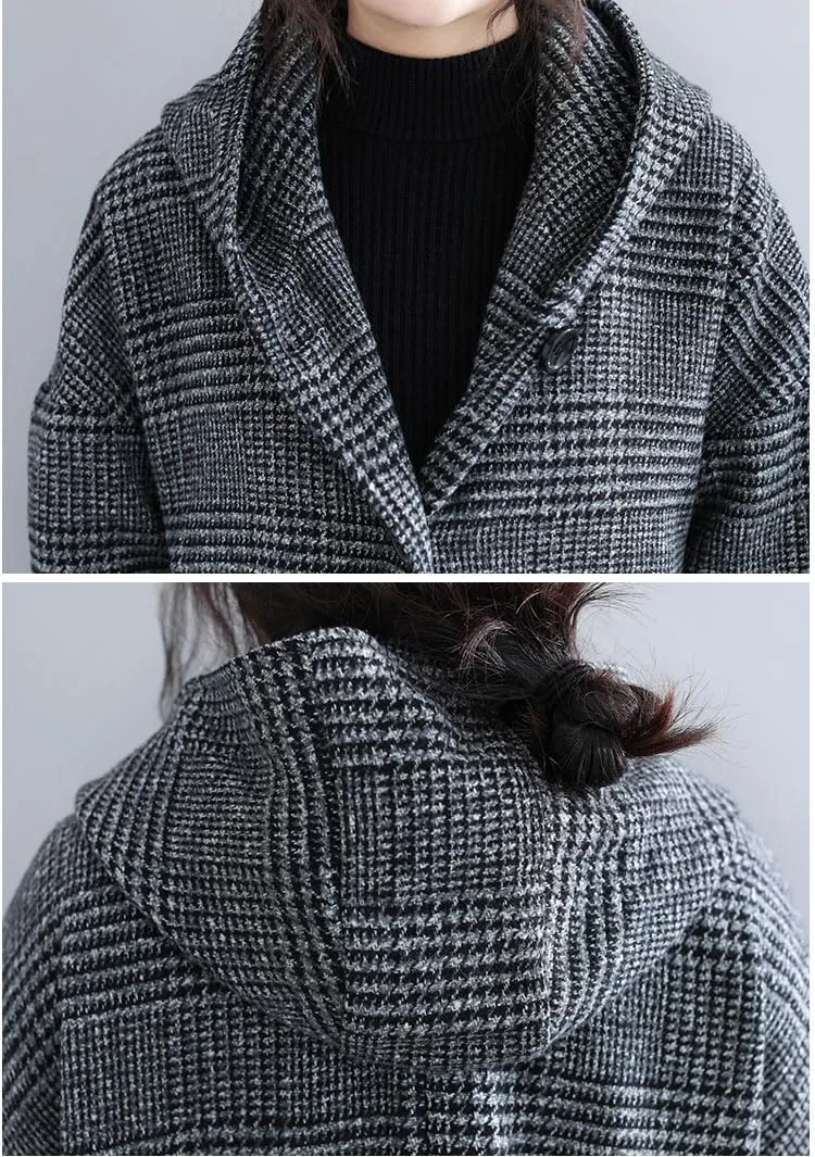 utcoco Women's Tweed Blazer Trench Coat Plaid Long Sleeve Button Down Wool Coat with Hood
