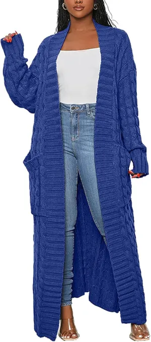 Vakkest Women's Long Sweater Cardigan Open Front Duster Jacket Casual Cable Knitted Maxi Dress Coat Braided Outwear Pockets