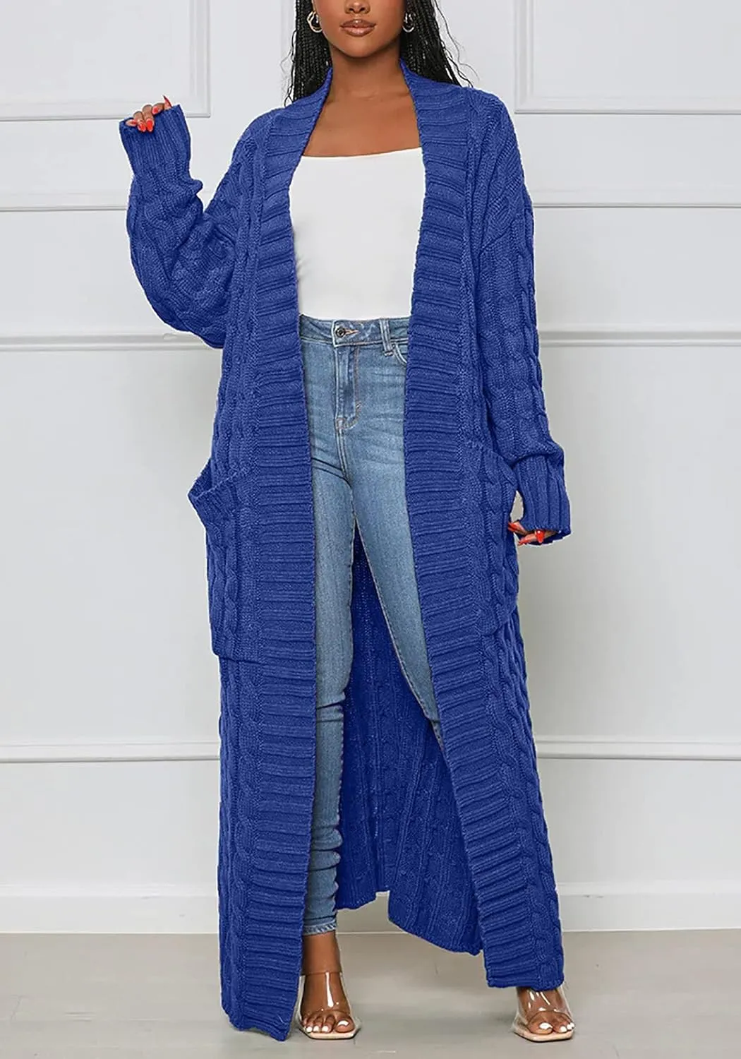 Vakkest Women's Long Sweater Cardigan Open Front Duster Jacket Casual Cable Knitted Maxi Dress Coat Braided Outwear Pockets