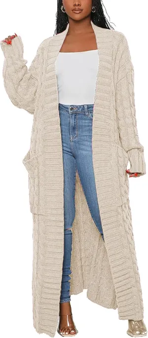 Vakkest Women's Long Sweater Cardigan Open Front Duster Jacket Casual Cable Knitted Maxi Dress Coat Braided Outwear Pockets