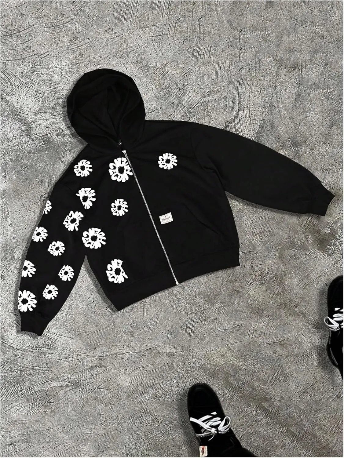 Verdusa Men's Floral Print Zip Up Hoodie Drop Shoulder Hooded Sweatshirt with Pockets