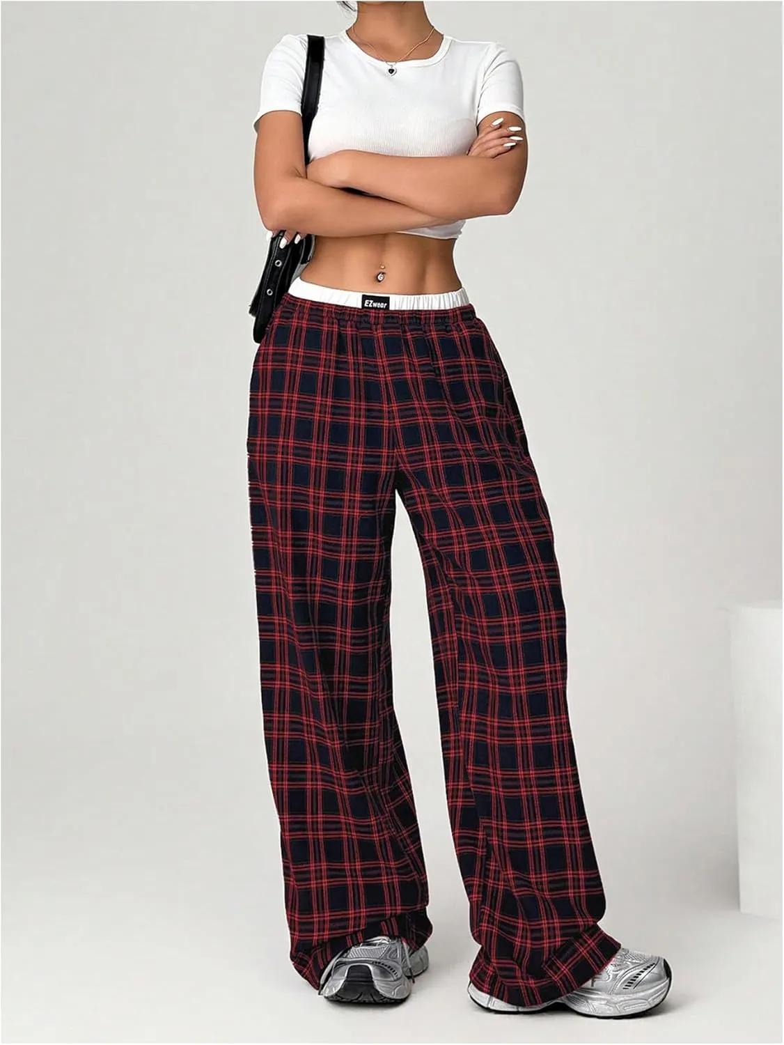 Verdusa Women's Y2k Plaid Low Waist Pants Straight Leg Loose Fit Trouser with Pocket
