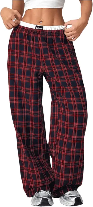 Verdusa Women's Y2k Plaid Low Waist Pants Straight Leg Loose Fit Trouser with Pocket