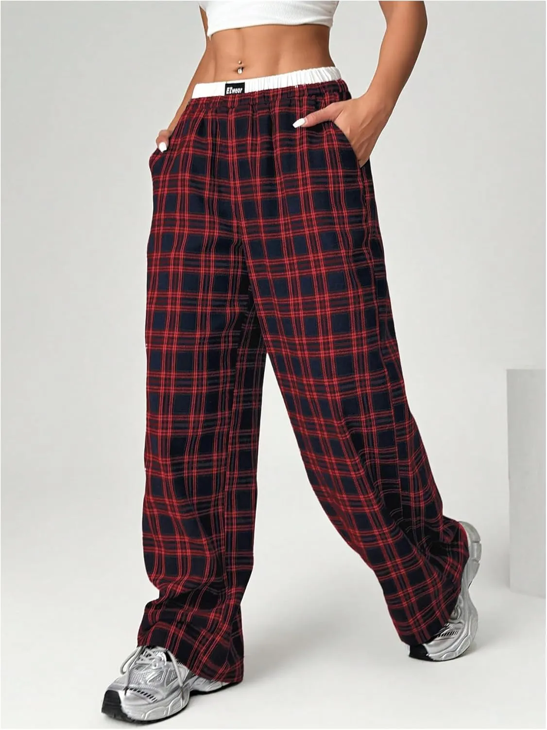 Verdusa Women's Y2k Plaid Low Waist Pants Straight Leg Loose Fit Trouser with Pocket