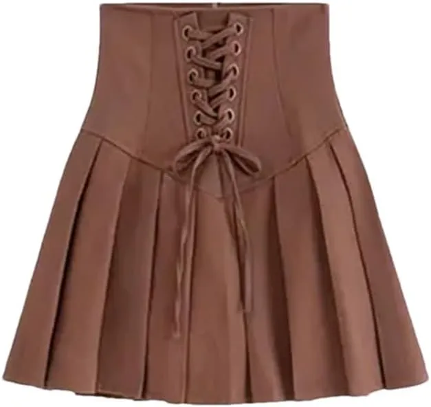 Vintage Brown Mini Skirts High Waist Women Pleated Skirt