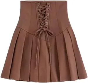 Vintage Brown Mini Skirts High Waist Women Pleated Skirt