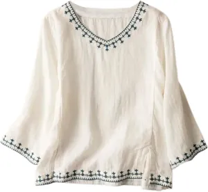 Vintage Embroidered Cotton Linen T Shirt for Women Casual Loose Fit Top Plus Size Symmetrical Fashion Blouse, Small