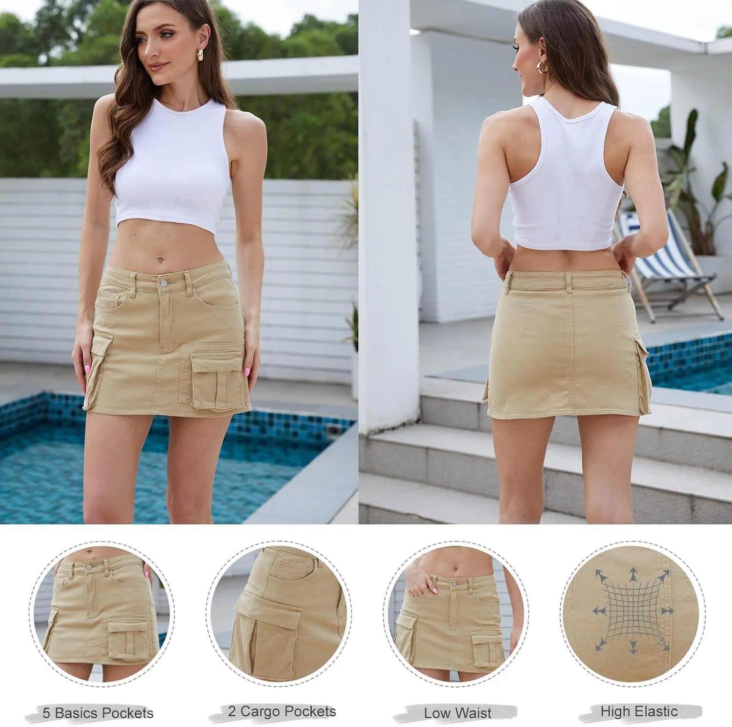VIPONES Women Denim Skirt Mini Low Waist Stretchy Jean Skirt