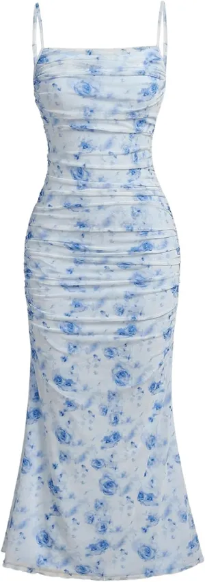 WDIRARA Girl's Floral Print Square Neck Mesh Sleeveless Ruched Cami Dress Party Bodycon Dresses