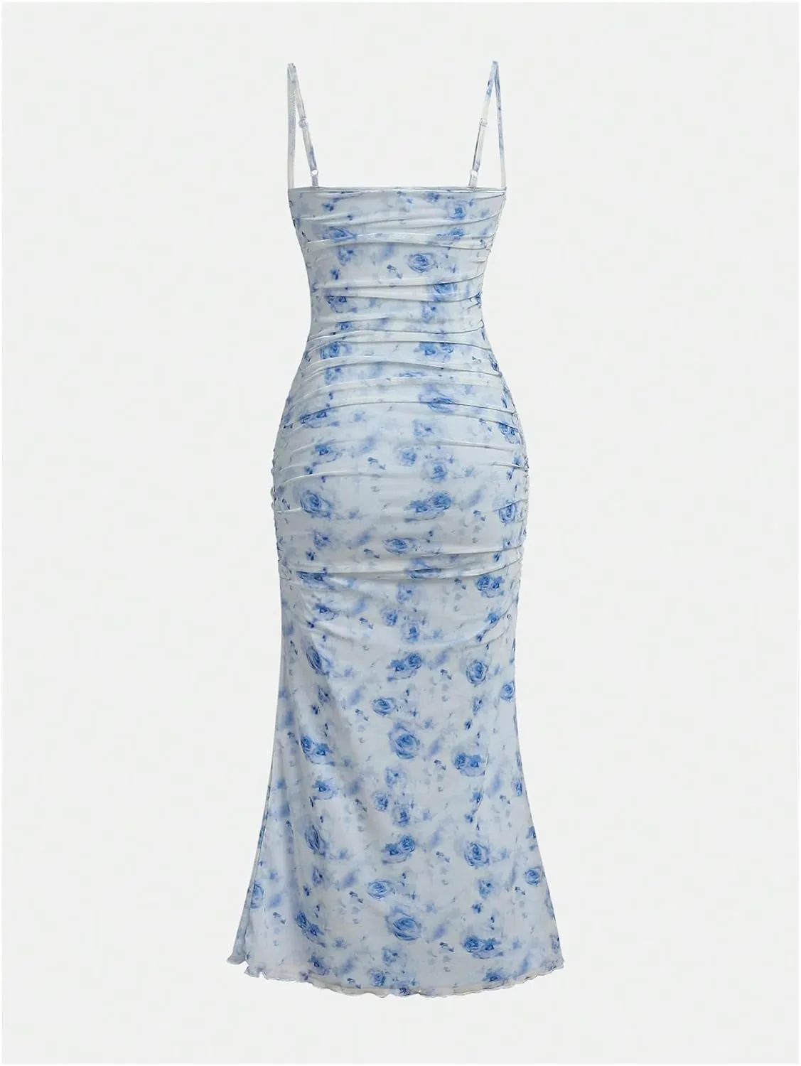 WDIRARA Girl's Floral Print Square Neck Mesh Sleeveless Ruched Cami Dress Party Bodycon Dresses