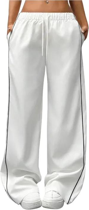 WDIRARA Girl's Waist Contrast Binding Sweatpants Straight Leg Loose Trousers