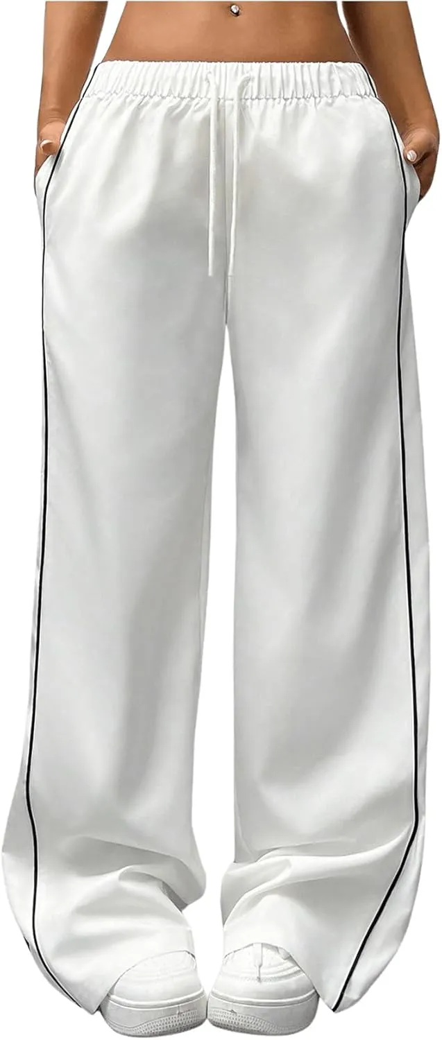 WDIRARA Girl's Waist Contrast Binding Sweatpants Straight Leg Loose Trousers