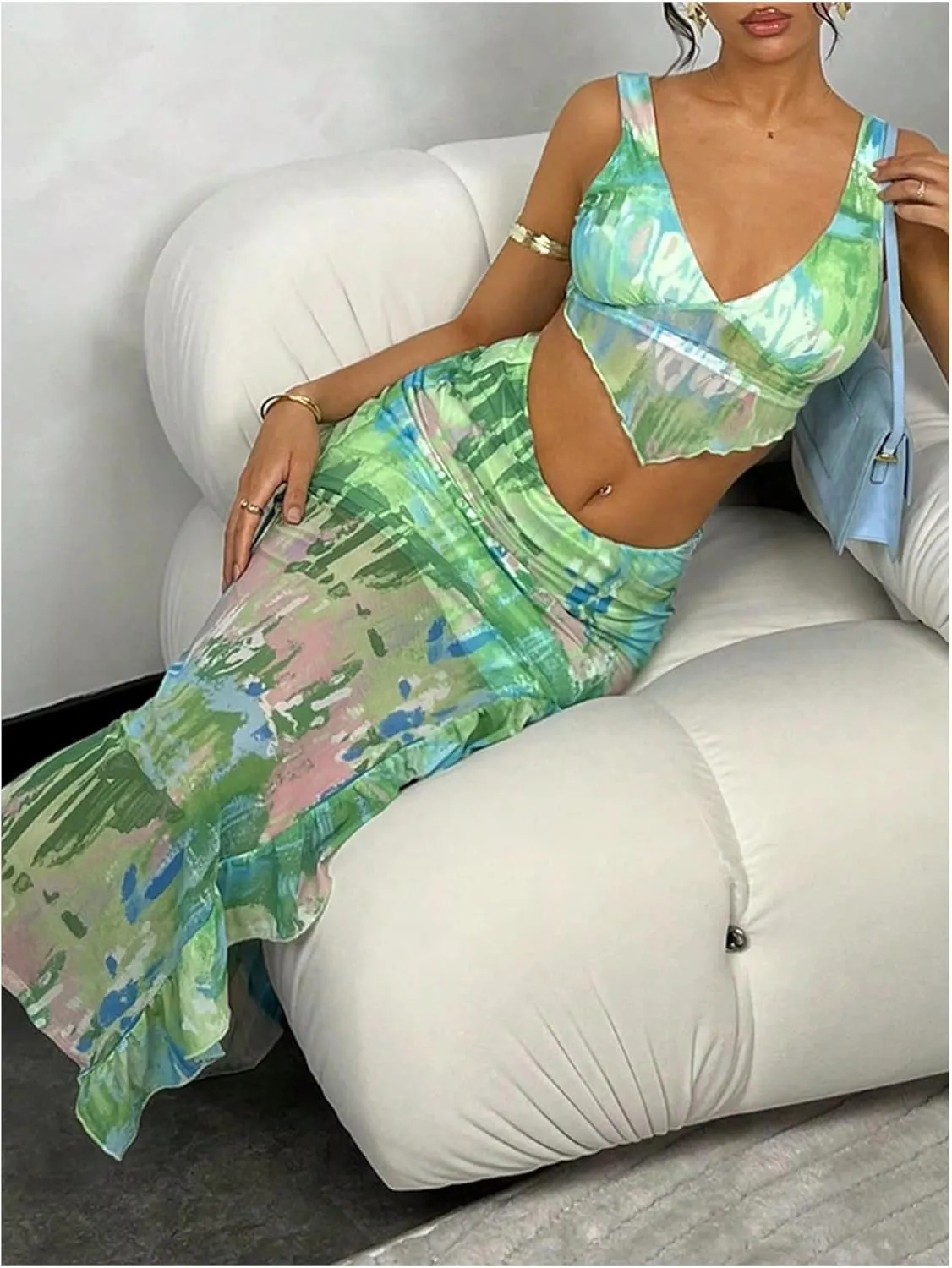 WDIRARA Women's 2 Piece Set Tie Dye Mesh Crop Top Ruffle Slit Long Skirt Outfits