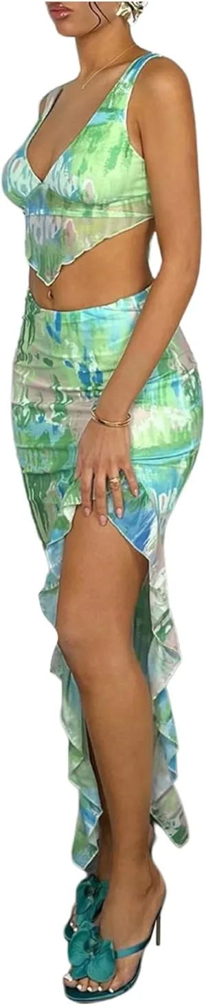 WDIRARA Women's 2 Piece Set Tie Dye Mesh Crop Top Ruffle Slit Long Skirt Outfits
