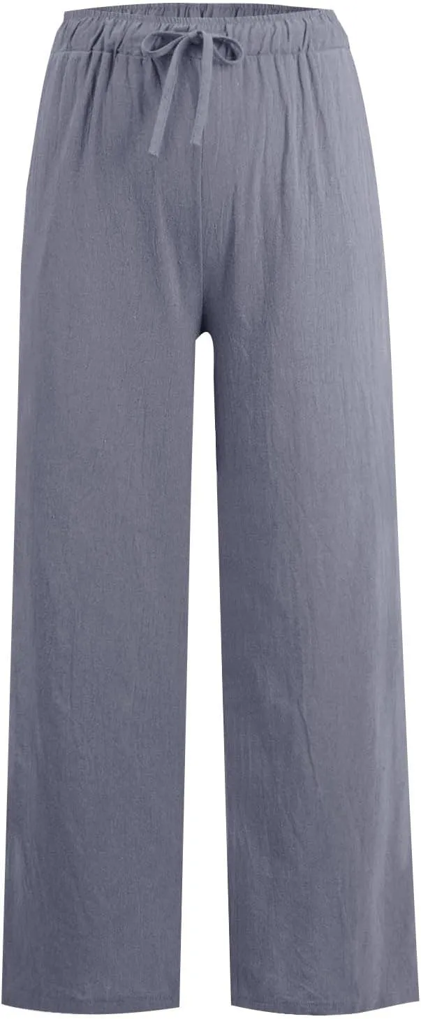 Wide Leg Linen Pants Women Baggy High Waisted Pants Straight Leg Beach Trousers Flowy Pull on Pants with Pockets
