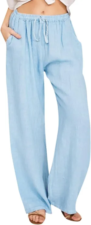 Wide Leg Linen Pants Women Baggy High Waisted Pants Straight Leg Beach Trousers Flowy Pull on Pants with Pockets