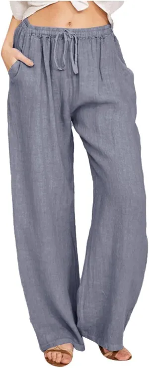 Wide Leg Linen Pants Women Baggy High Waisted Pants Straight Leg Beach Trousers Flowy Pull on Pants with Pockets
