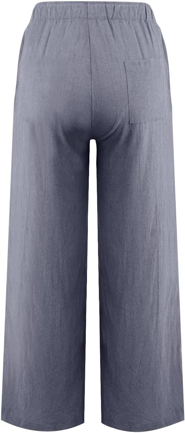 Wide Leg Linen Pants Women Baggy High Waisted Pants Straight Leg Beach Trousers Flowy Pull on Pants with Pockets
