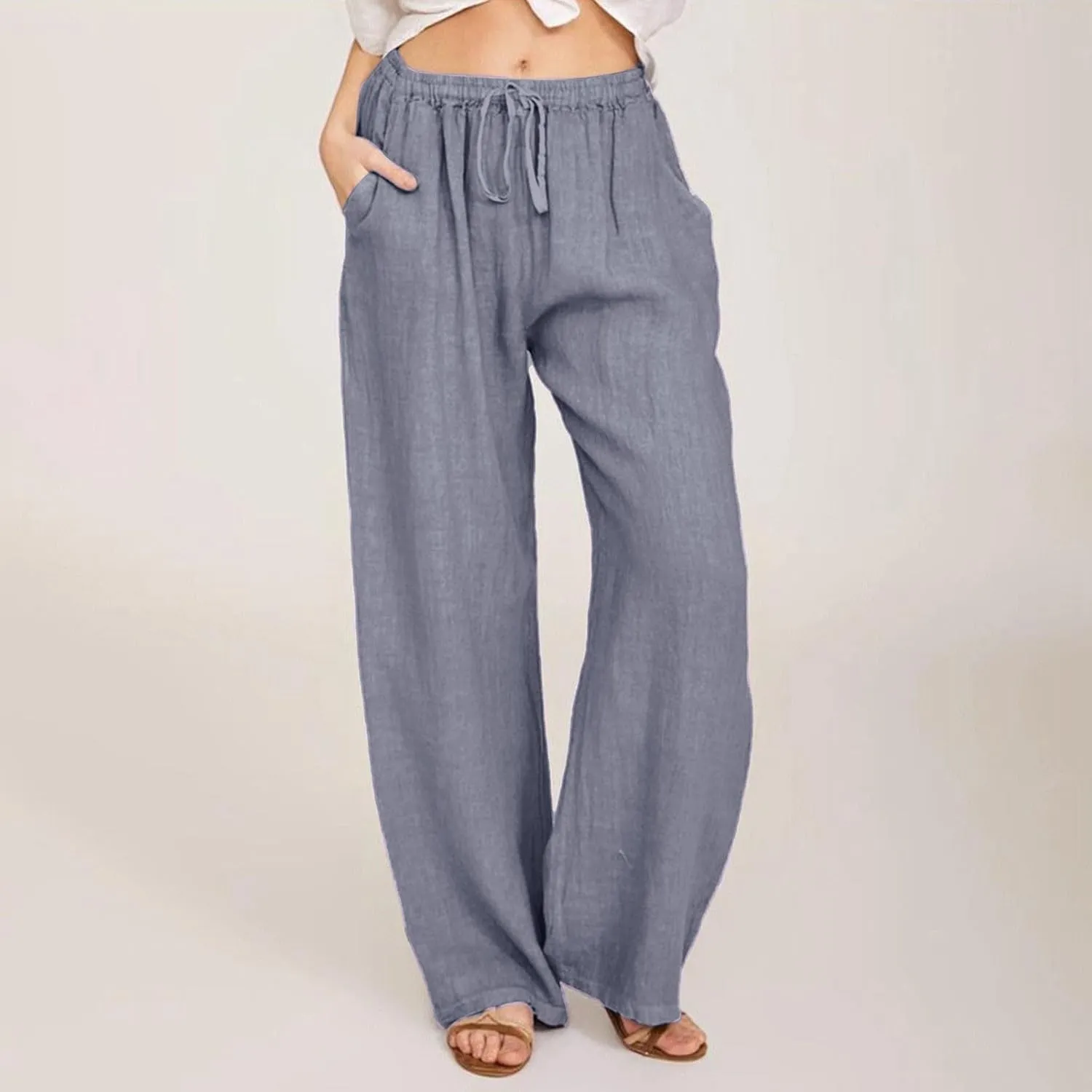 Wide Leg Linen Pants Women Baggy High Waisted Pants Straight Leg Beach Trousers Flowy Pull on Pants with Pockets