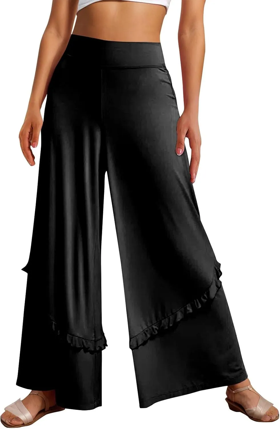 Wide Leg Pants Woman High Waisted Flowy Palazzo Pants Casual Cute Ruffle Comfy Lounge Cotton Yoga Pants Sweatpants
