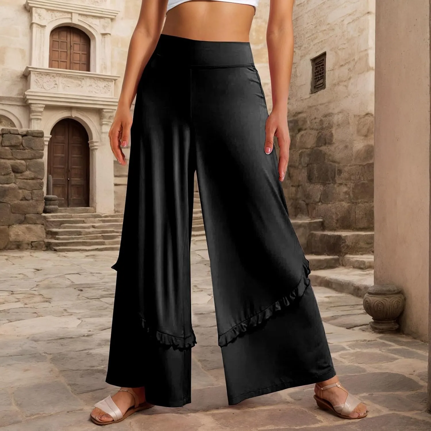 Wide Leg Pants Woman High Waisted Flowy Palazzo Pants Casual Cute Ruffle Comfy Lounge Cotton Yoga Pants Sweatpants