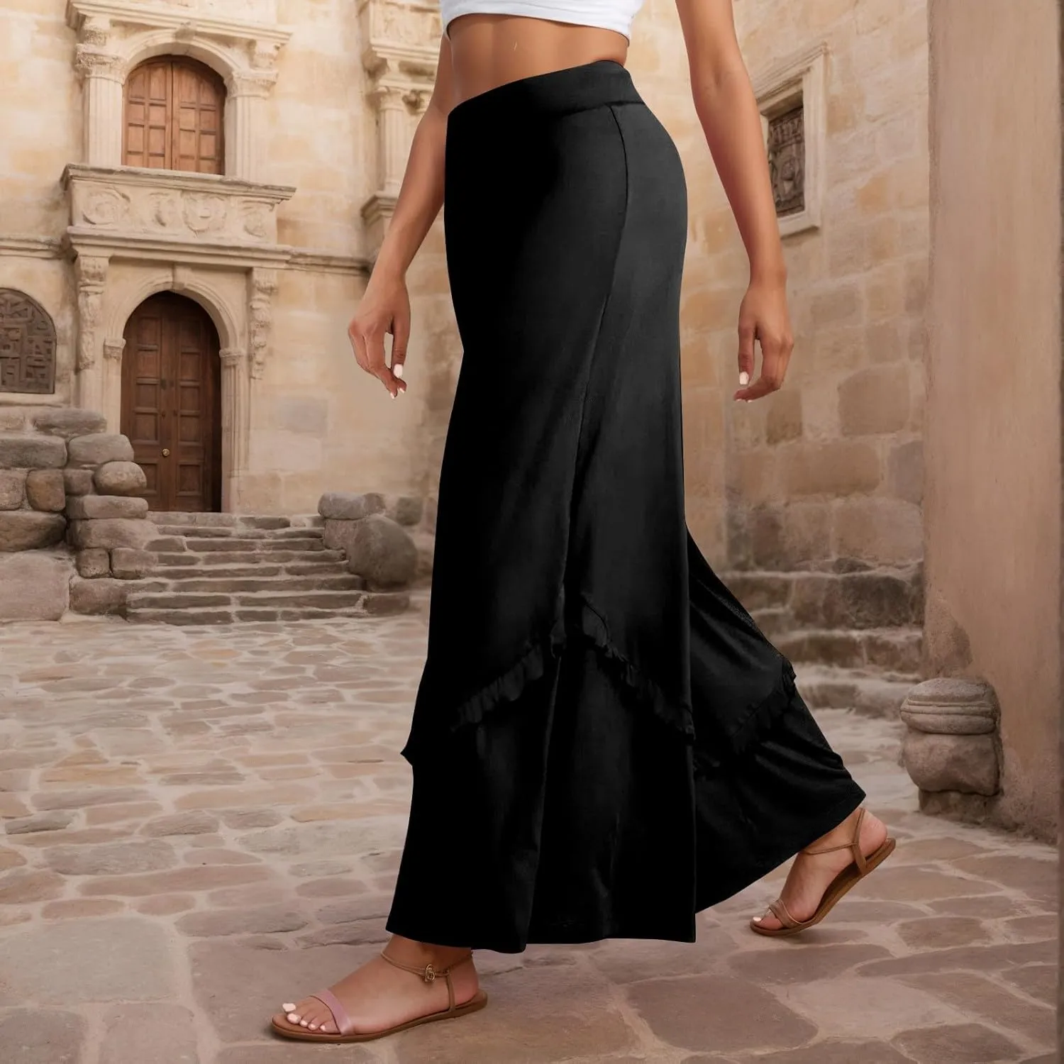Wide Leg Pants Woman High Waisted Flowy Palazzo Pants Casual Cute Ruffle Comfy Lounge Cotton Yoga Pants Sweatpants