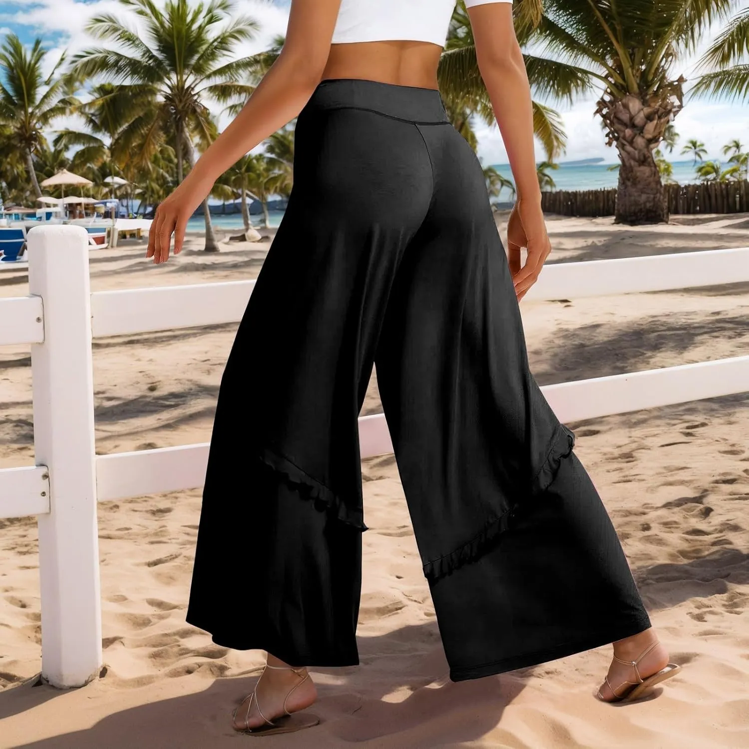 Wide Leg Pants Woman High Waisted Flowy Palazzo Pants Casual Cute Ruffle Comfy Lounge Cotton Yoga Pants Sweatpants