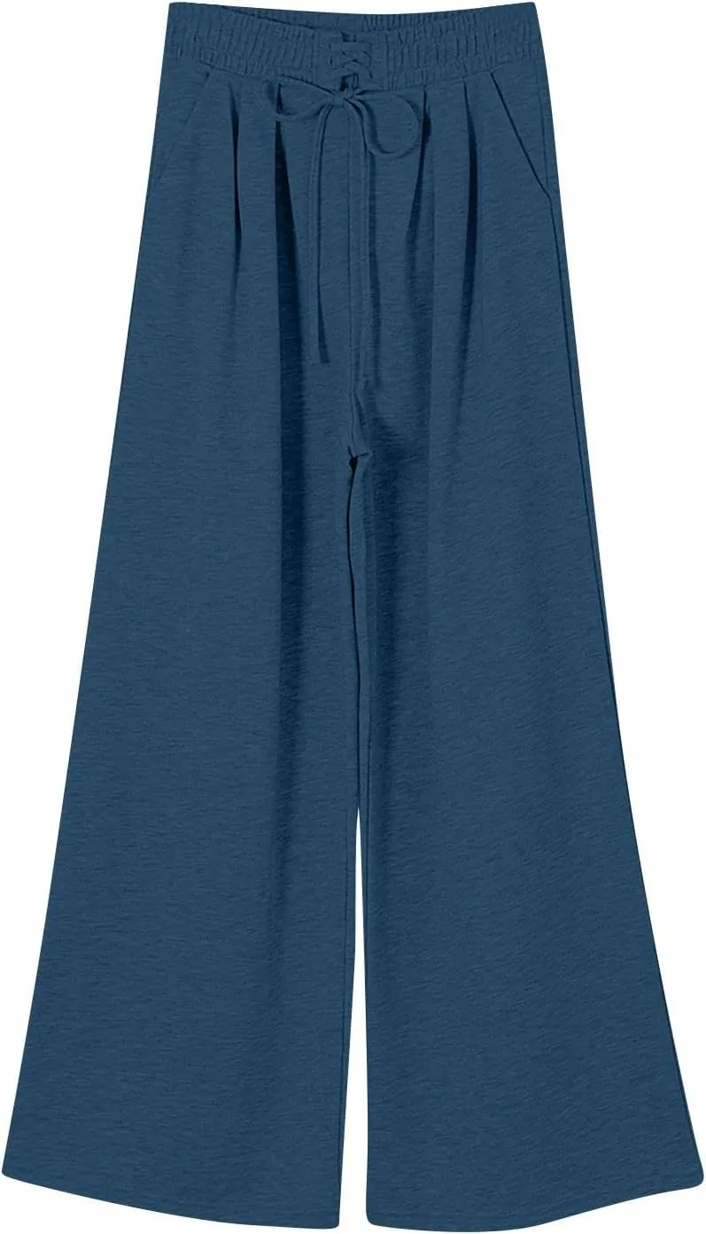 Wide Leg Sweatpants Women Baggy Fleece Lined Cute Y2k Drawstring High Waisted Sweat Pants Flowy Palazzo Lounge Pants