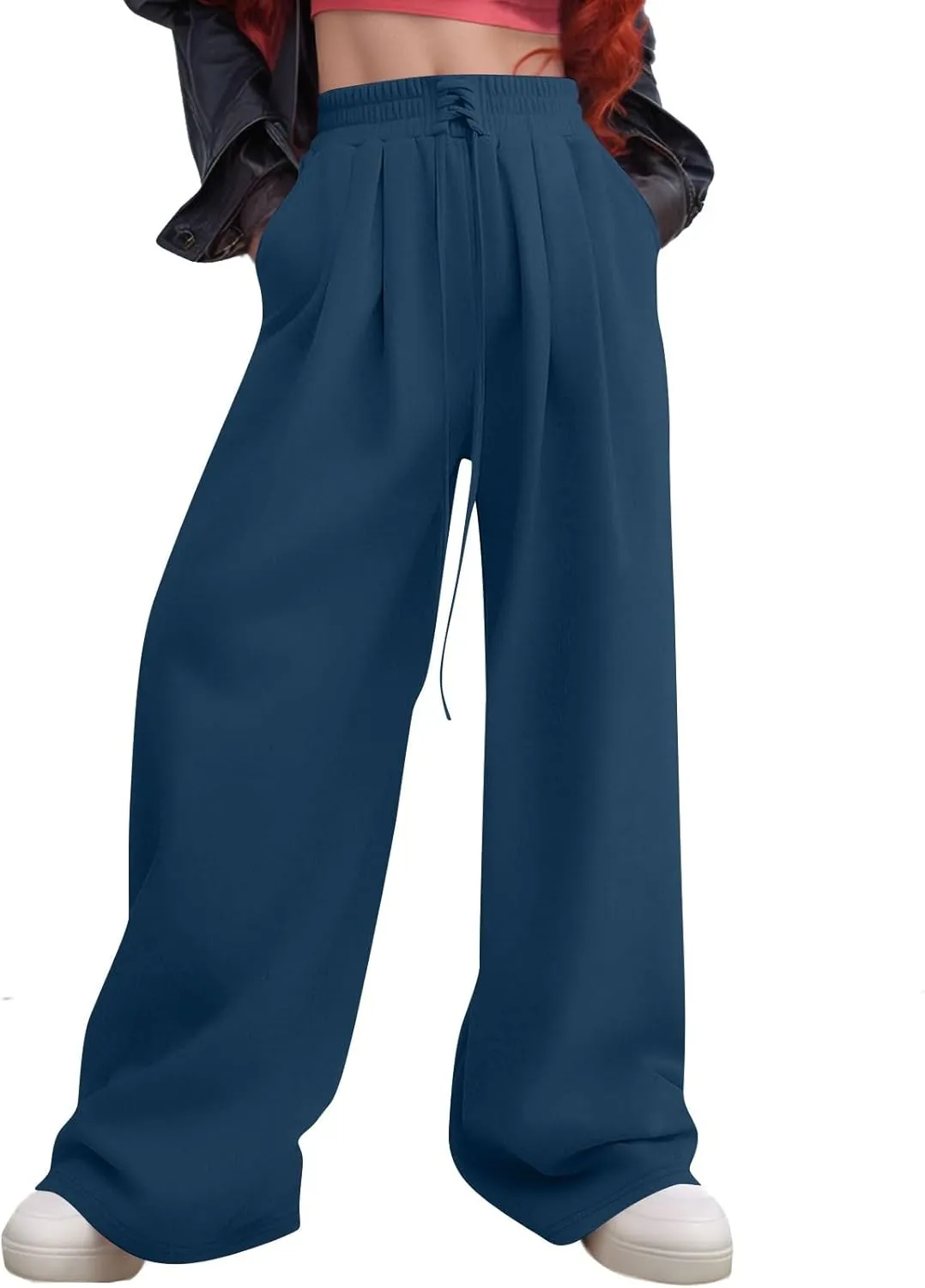 Wide Leg Sweatpants Women Baggy Fleece Lined Cute Y2k Drawstring High Waisted Sweat Pants Flowy Palazzo Lounge Pants