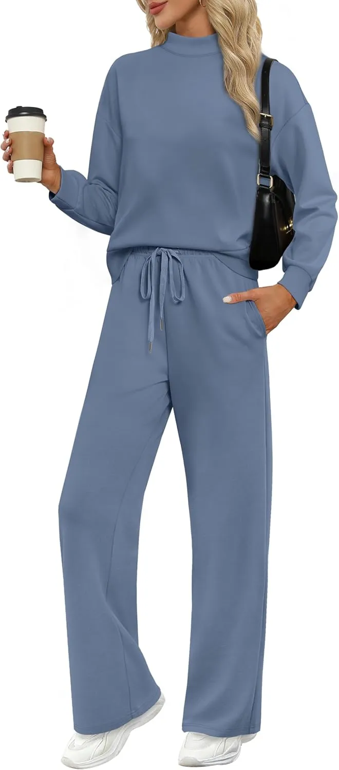 WIHOLL Two Piece Sets for Women Fall Outfits Lounge Sets Mock Neck Tops Wide Leg Pants Vacation Travel Airport Outfits