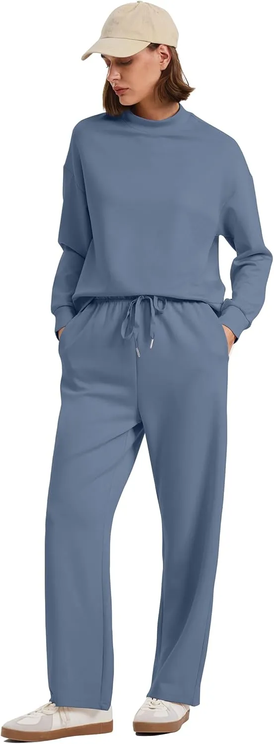 WIHOLL Two Piece Sets for Women Fall Outfits Lounge Sets Mock Neck Tops Wide Leg Pants Vacation Travel Airport Outfits