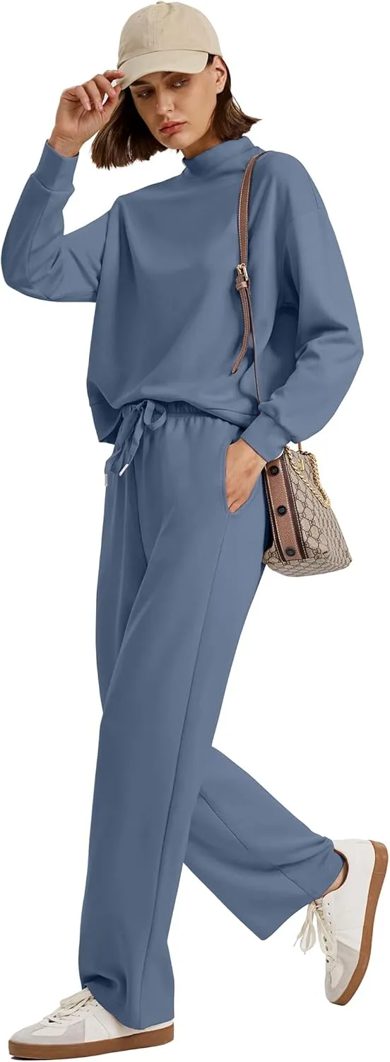 WIHOLL Two Piece Sets for Women Fall Outfits Lounge Sets Mock Neck Tops Wide Leg Pants Vacation Travel Airport Outfits