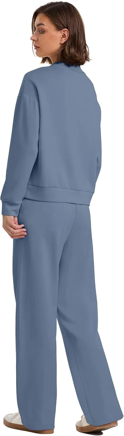 WIHOLL Two Piece Sets for Women Fall Outfits Lounge Sets Mock Neck Tops Wide Leg Pants Vacation Travel Airport Outfits