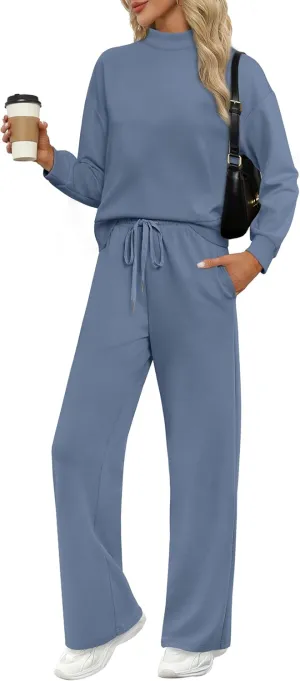 WIHOLL Two Piece Sets for Women Fall Outfits Lounge Sets Mock Neck Tops Wide Leg Pants Vacation Travel Airport Outfits