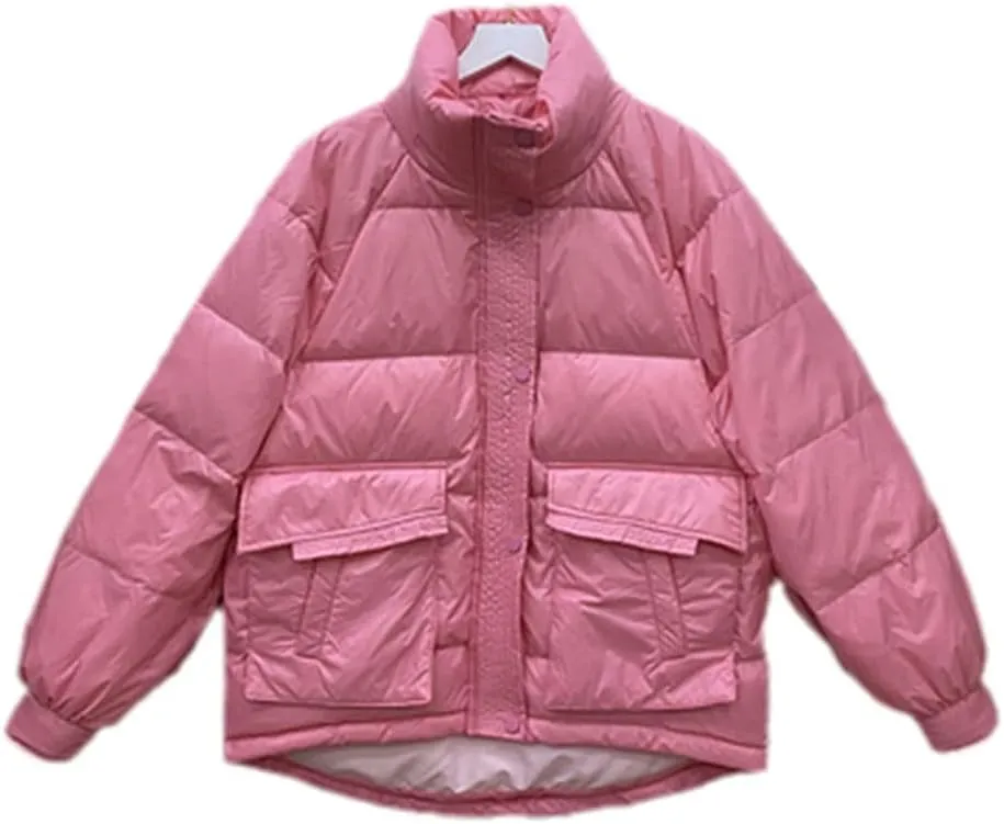 Winter Short Puffer Jacket Women 90% White Duck Down Coat Bat Sleeve Loose Thick Warm Parkas Female Snow Outwear Rose Pink One Size