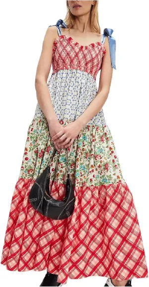 Women Boho Tie Shoulder Maxi Dress Y2k Floral Sleeveless Smocked Long Flowy Dress Tiered Summer Beach Sundress