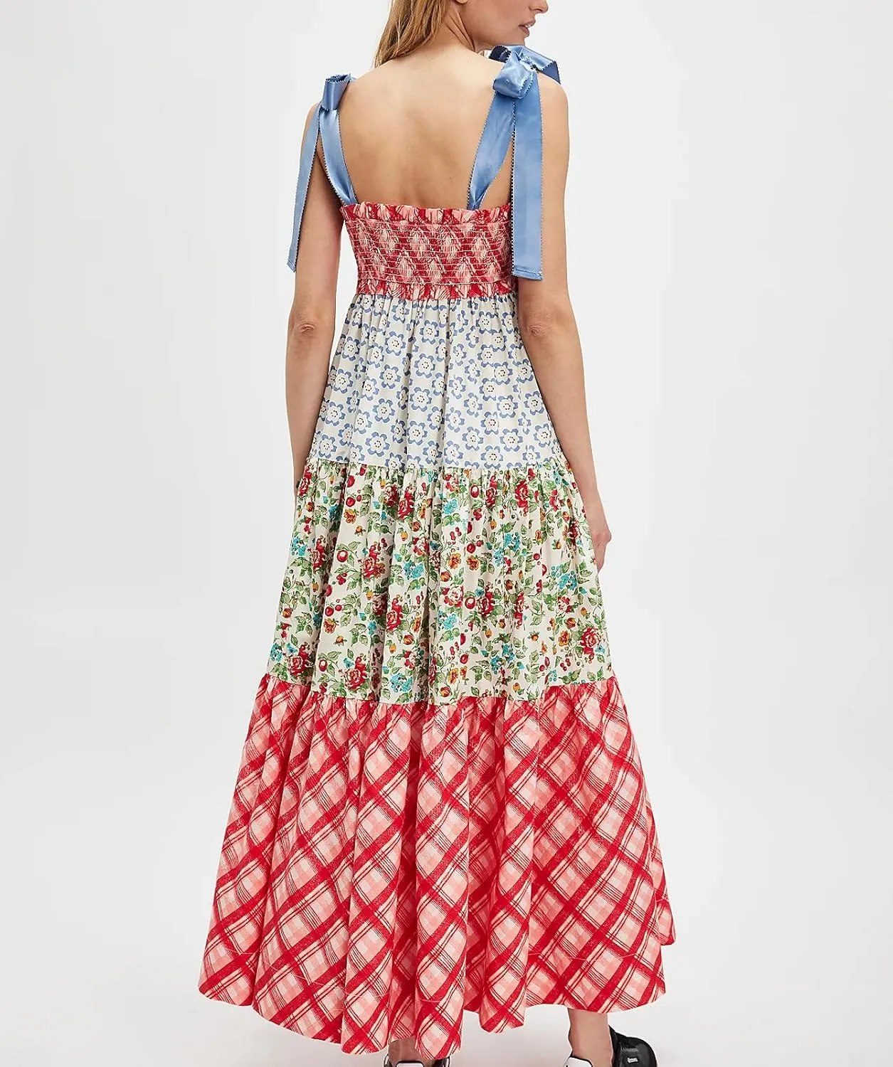 Women Boho Tie Shoulder Maxi Dress Y2k Floral Sleeveless Smocked Long Flowy Dress Tiered Summer Beach Sundress