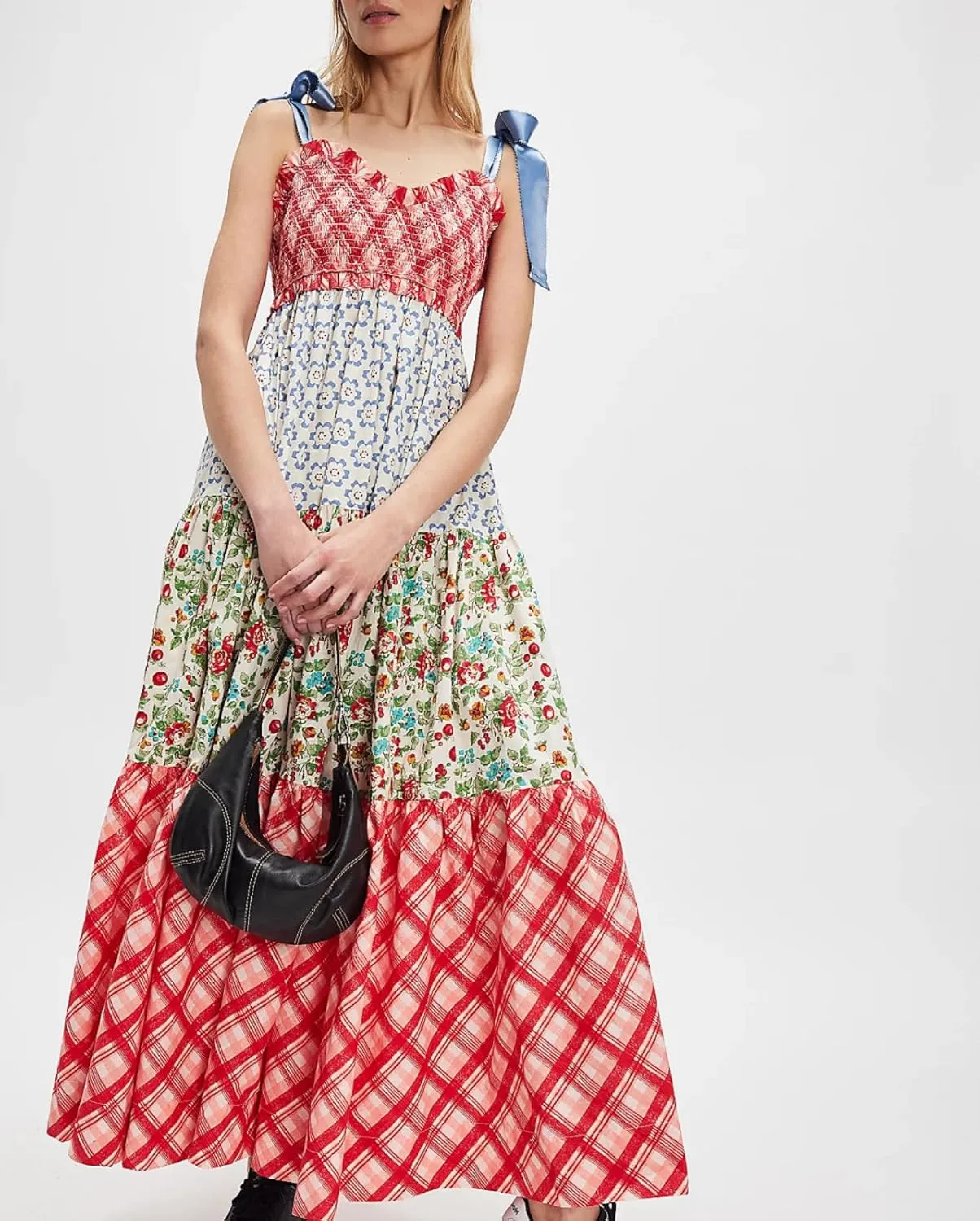Women Boho Tie Shoulder Maxi Dress Y2k Floral Sleeveless Smocked Long Flowy Dress Tiered Summer Beach Sundress