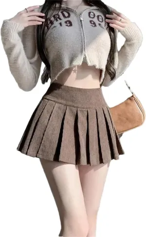 Women Corduroy Pleated Skirt High Waist Korean Mini Skirts Vintage Preppy Style Sweet A Line Skirts