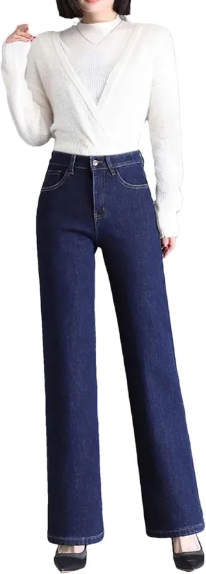 Women Elegant High Waist Straight Leg Jeans Thicken Warm Oversize Stretch Skinny Denim Pants