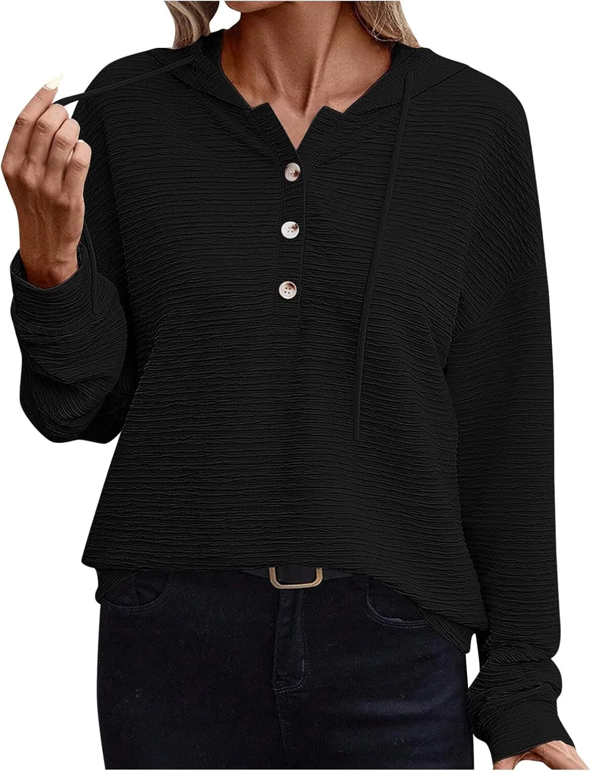 Women Fall Long Sleeve Casual Button V Neck Hoodies Oversized Sweatshirt Hooded Durable Breathable Basic Pullover