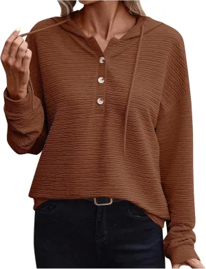 Women Fall Long Sleeve Casual Button V Neck Hoodies Oversized Sweatshirt Hooded Durable Breathable Basic Pullover
