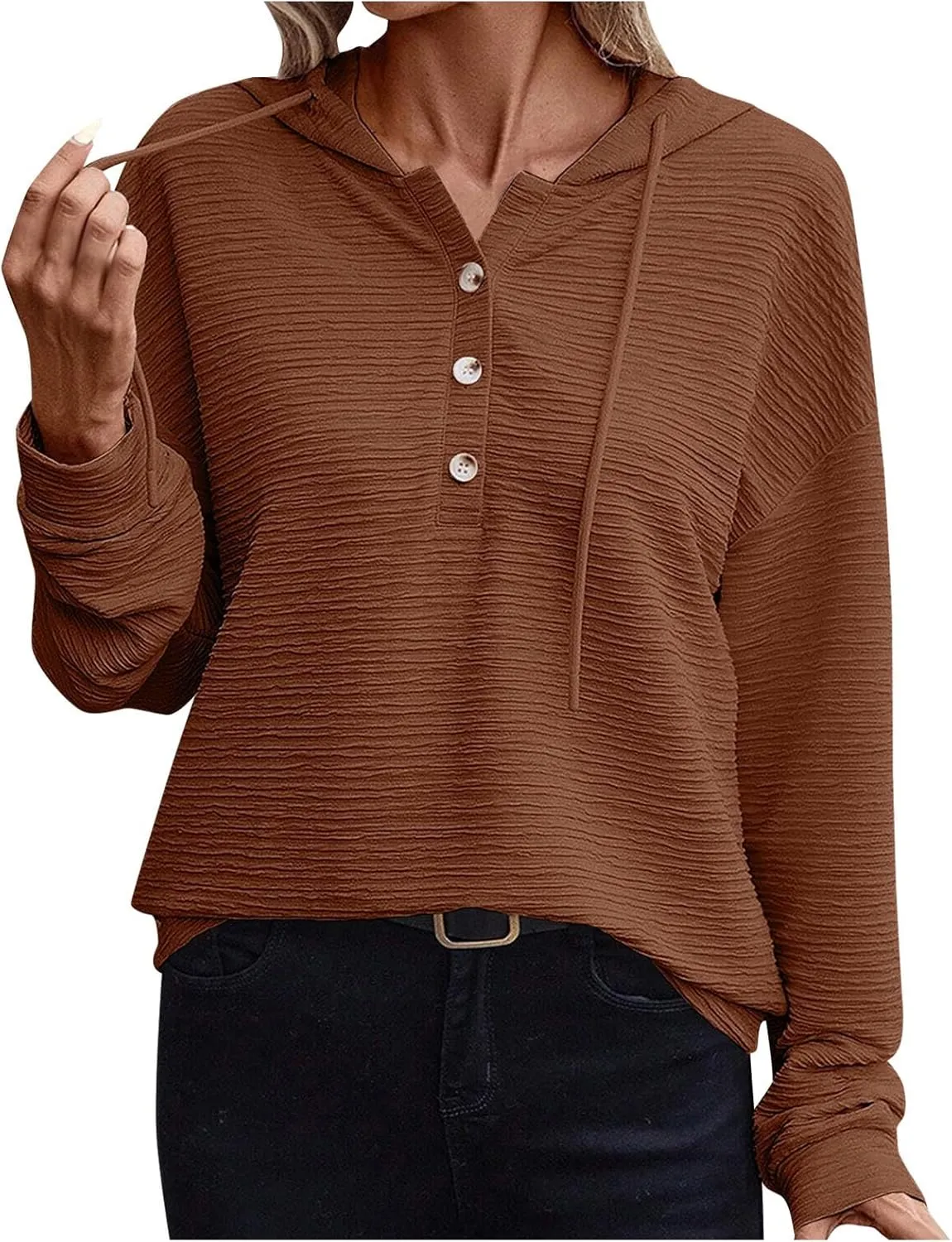 Women Fall Long Sleeve Casual Button V Neck Hoodies Oversized Sweatshirt Hooded Durable Breathable Basic Pullover