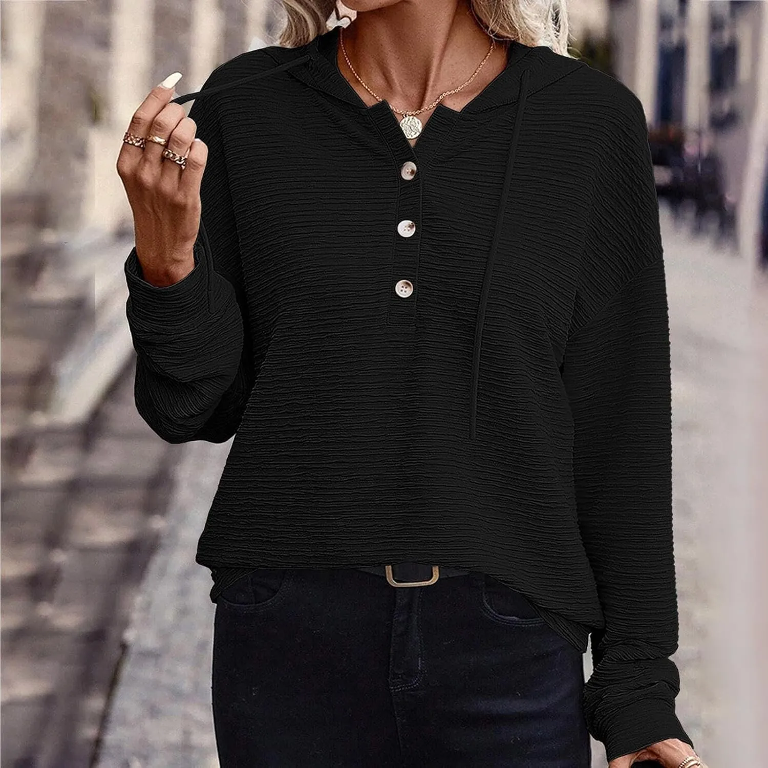 Women Fall Long Sleeve Casual Button V Neck Hoodies Oversized Sweatshirt Hooded Durable Breathable Basic Pullover