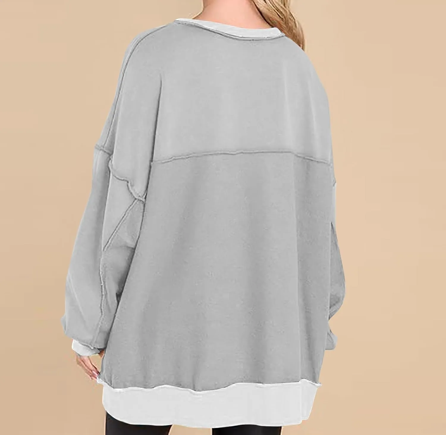 Women Fashion Oversized Long Sleeve Splicing Pullover Plain Color Tops Lightweight Sweatshirts Loose Fit Ribbed Top