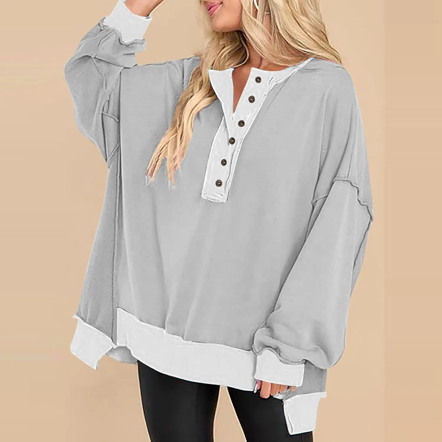 Women Fashion Oversized Long Sleeve Splicing Pullover Plain Color Tops Lightweight Sweatshirts Loose Fit Ribbed Top