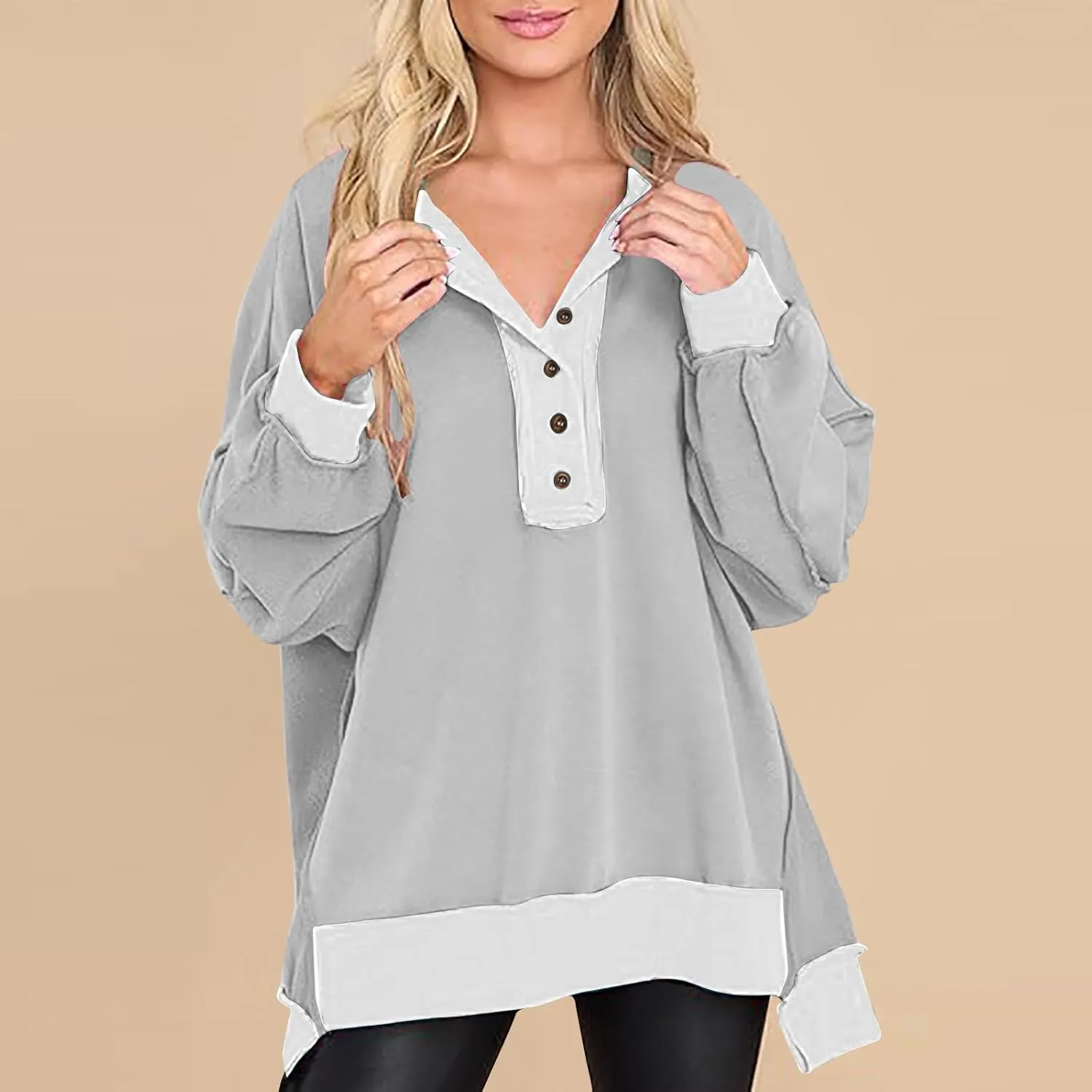 Women Fashion Oversized Long Sleeve Splicing Pullover Plain Color Tops Lightweight Sweatshirts Loose Fit Ribbed Top