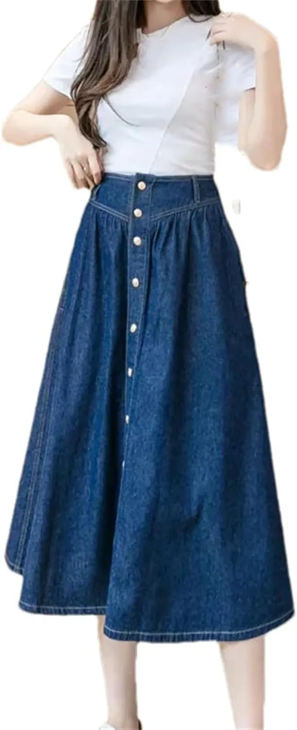 Women High Waist Button Front A-Line Denim Skirt Spring Summer Casual Midi Jean Skirt