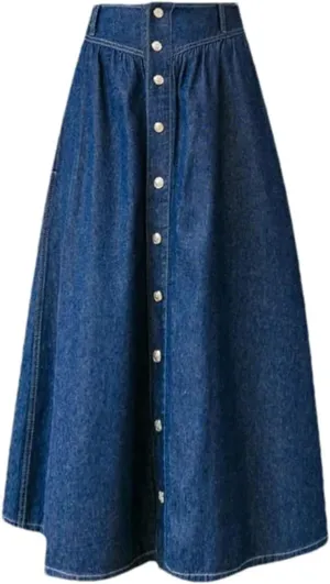 Women High Waist Button Front A-Line Denim Skirt Spring Summer Casual Midi Jean Skirt