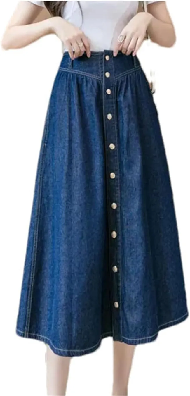 Women High Waist Button Front A-Line Denim Skirt Spring Summer Casual Midi Jean Skirt